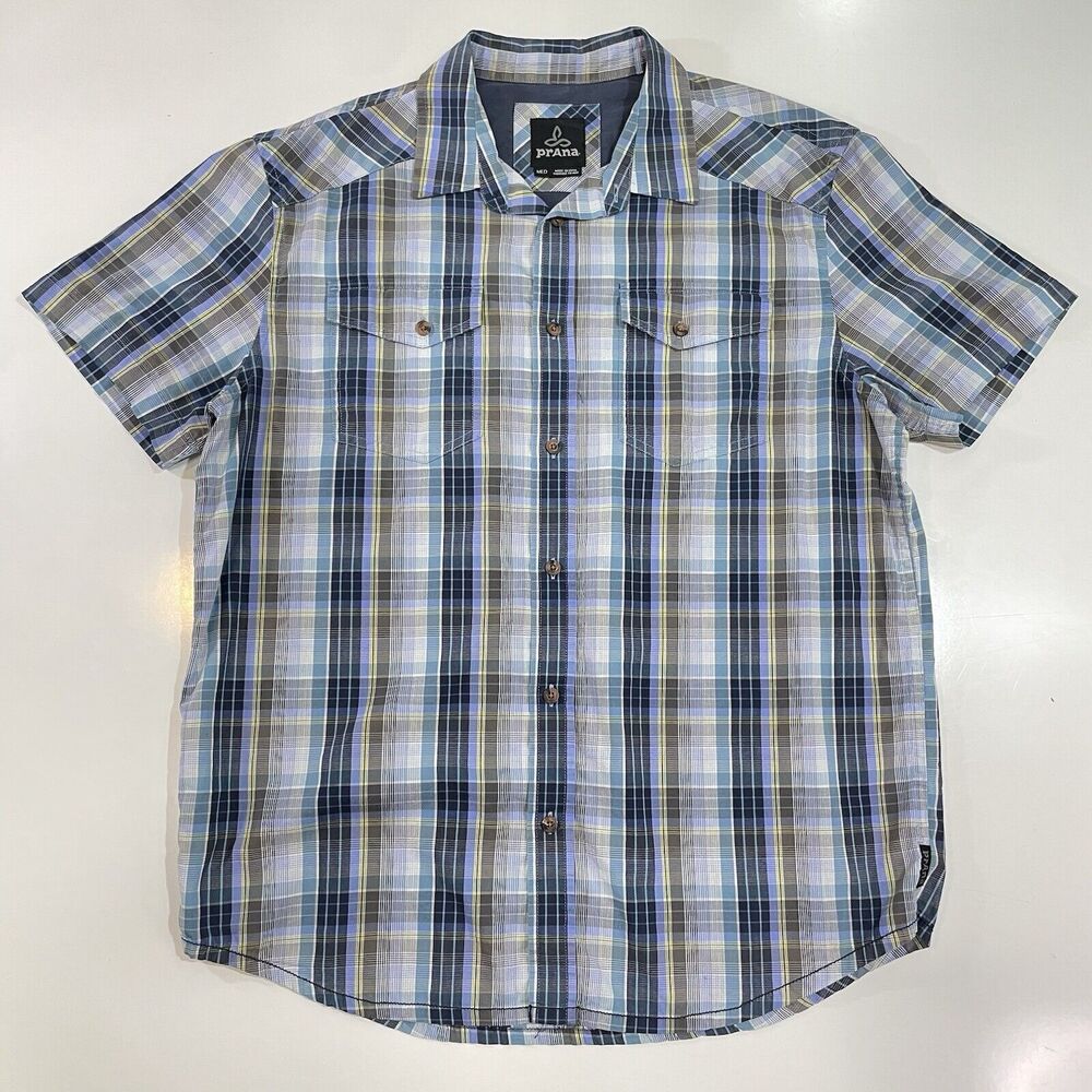 Prana Men’s Organic Cotton Shirt Short Sleeve Button Blue Plaid Outdoors Sz Med